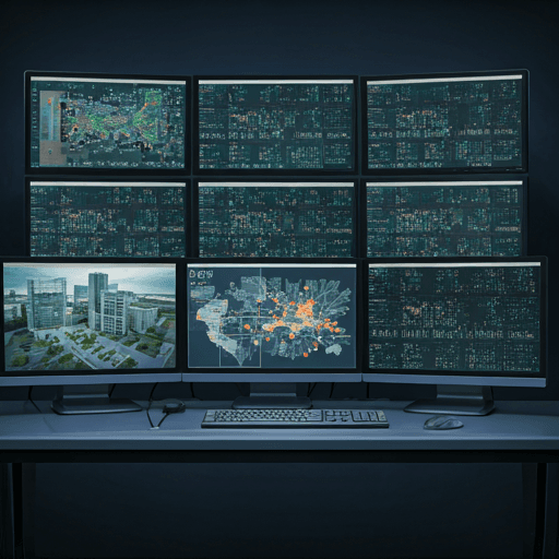 High-tech security control room with AI analytics overlays