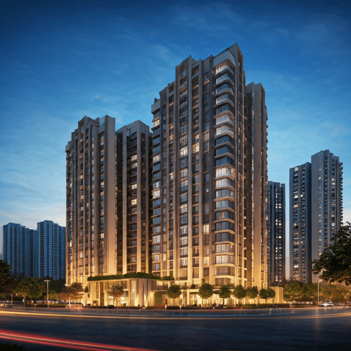 Futuristic luxury gated apartment complex at dusk